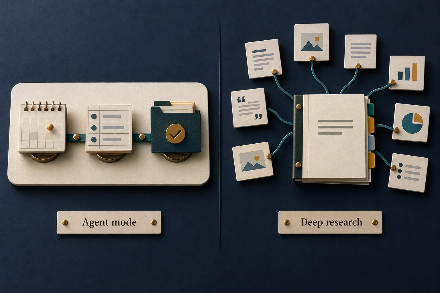 One workstream completes a sequence of tasks while another assembles sources into a research report.