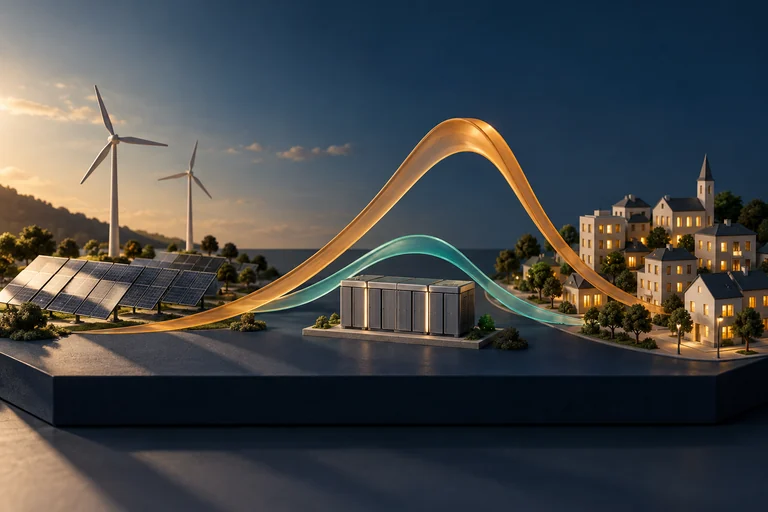 Battery storage balances changing electricity demand between renewable generation and a city.