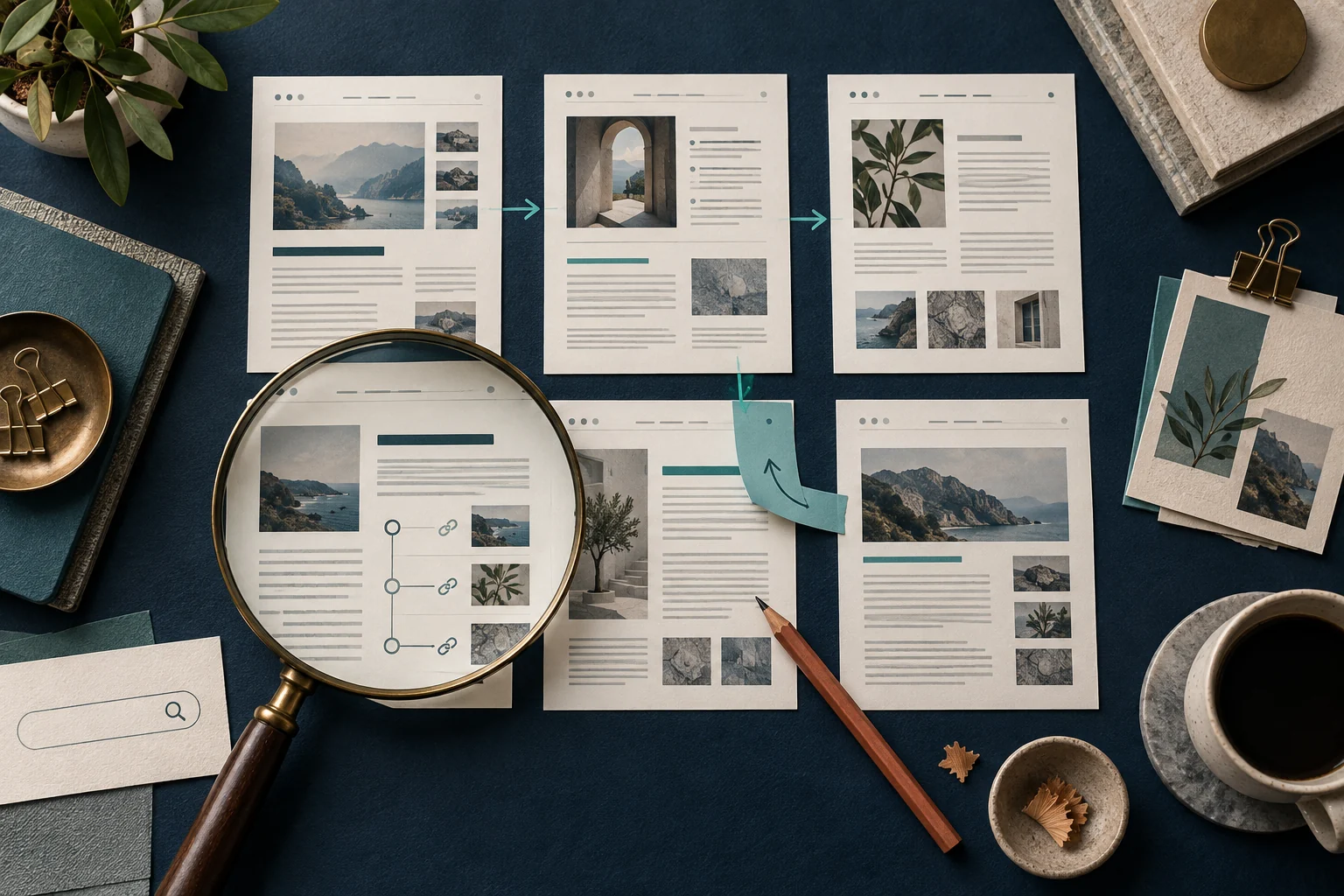 An editor organizes website pages into a searchable, connected publishing system.