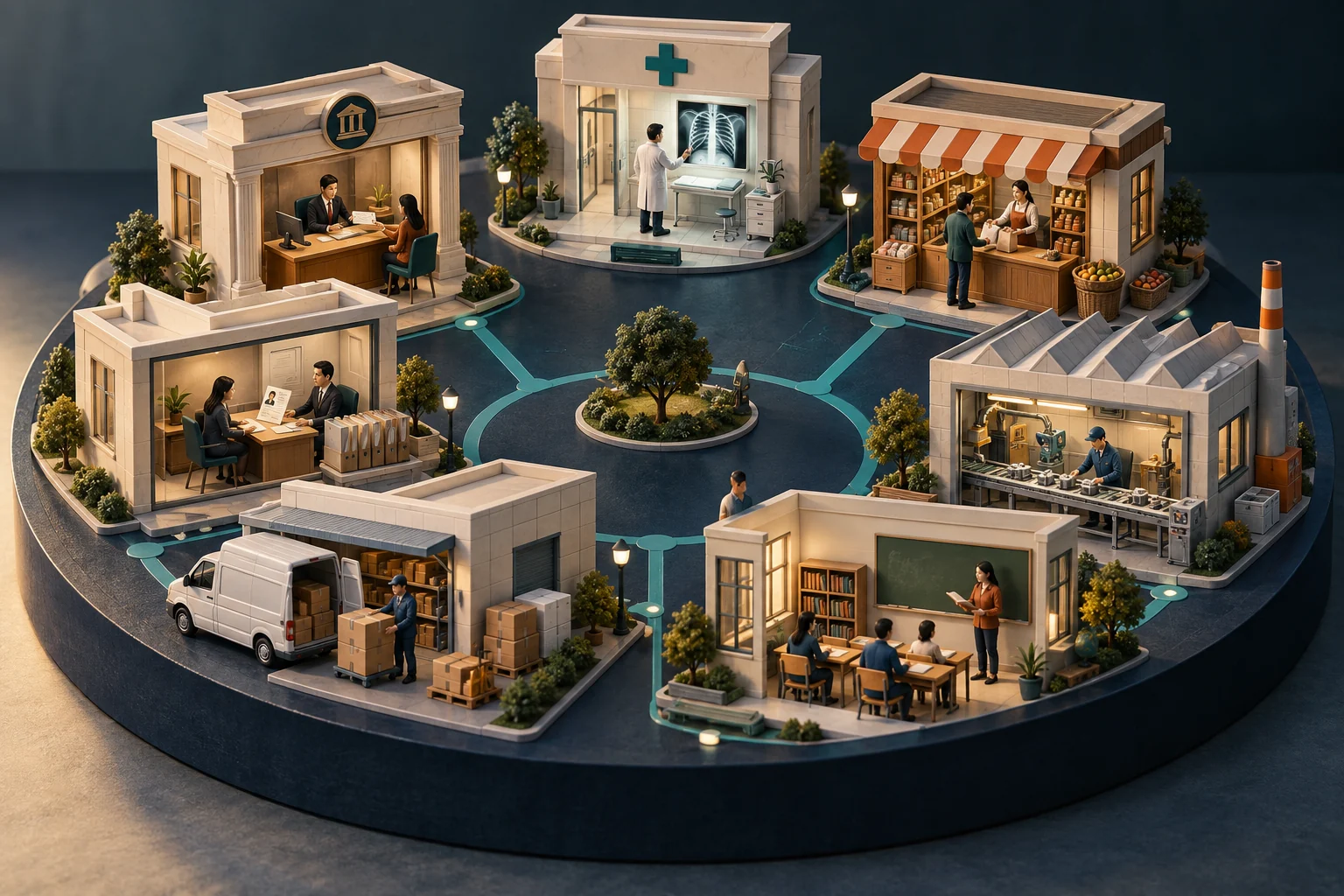 Seven connected scenes show healthcare, finance, retail, manufacturing, education, logistics, and recruitment.