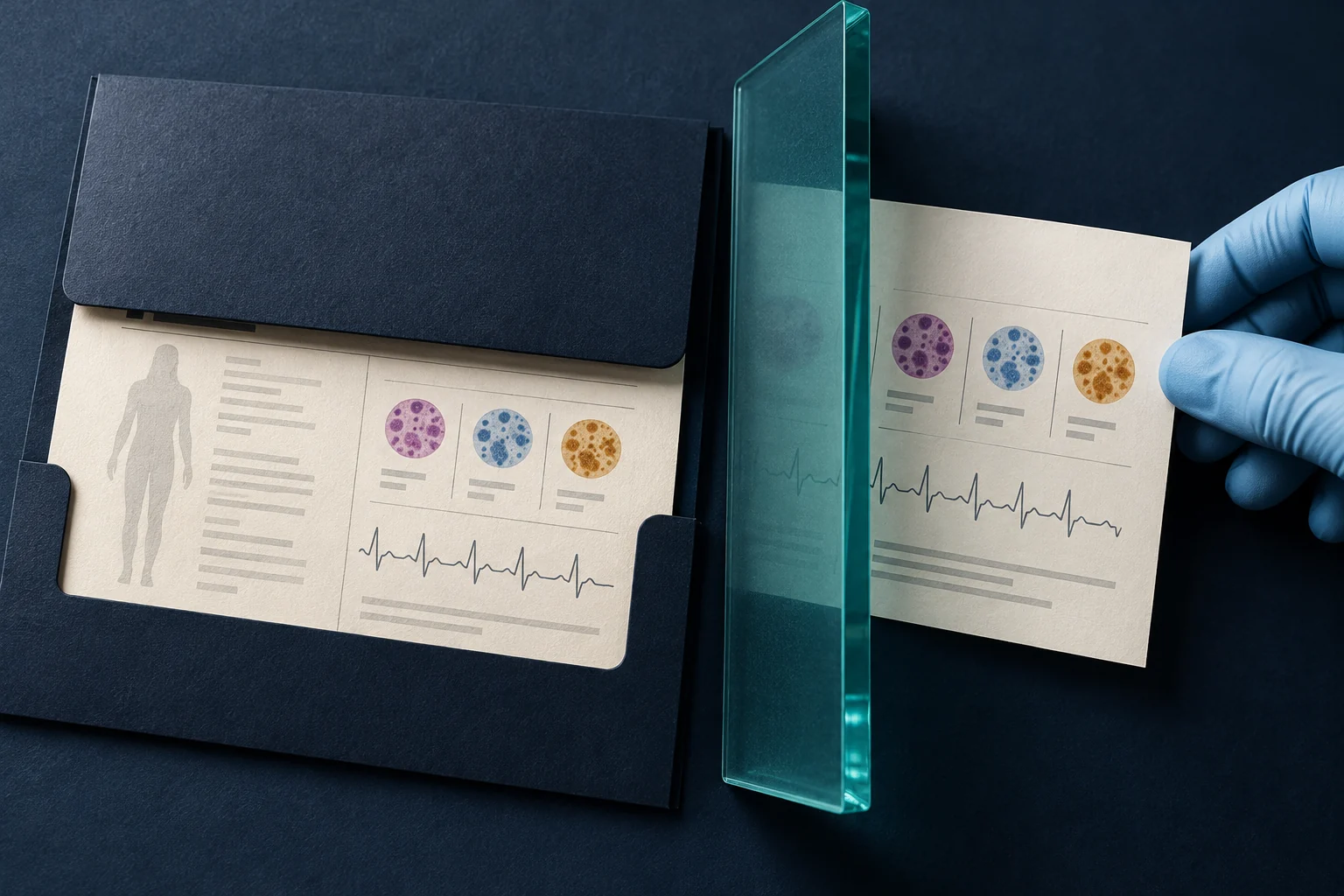A patient record keeps identifying details covered while anonymous clinical patterns are shared for research.