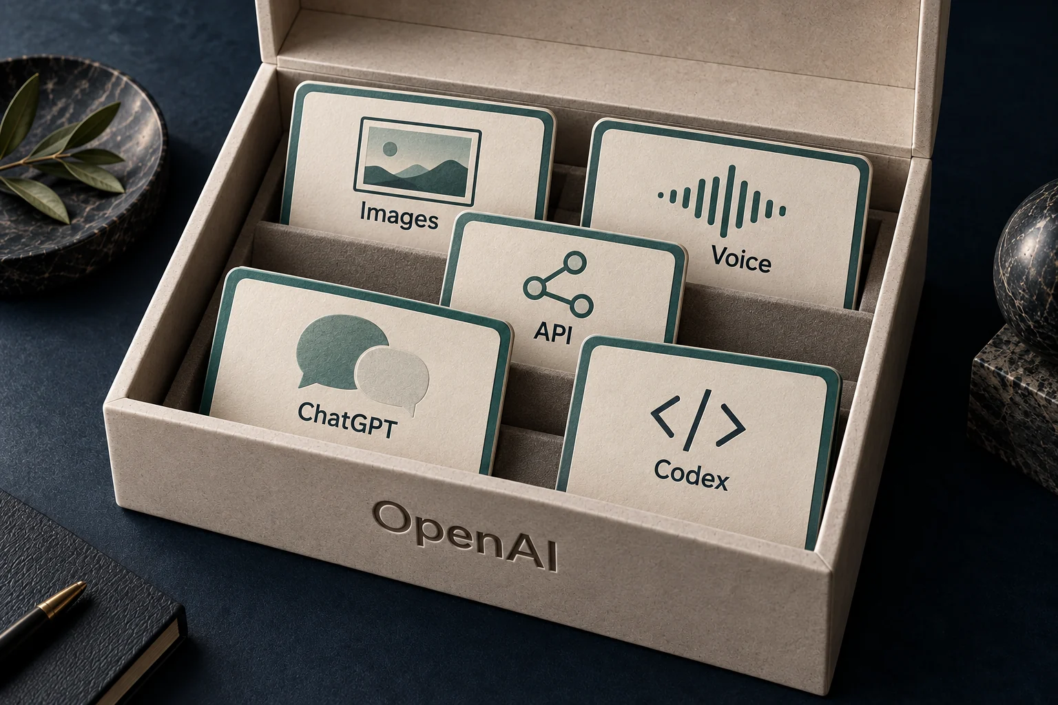 An OpenAI box holds labeled cards for ChatGPT, Codex, API, Images, and Voice.