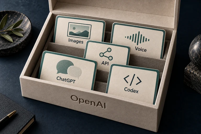 An OpenAI box holds labeled cards for ChatGPT, Codex, API, Images, and Voice.