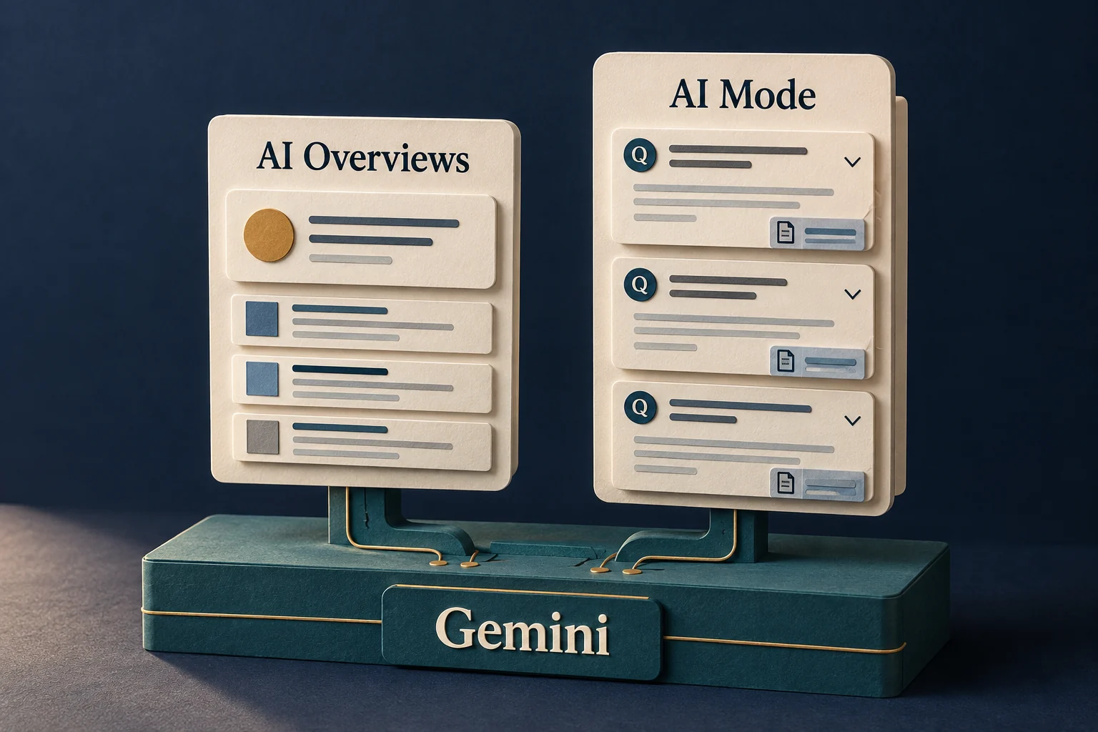 A shared foundation connects a search summary with a longer conversation. Editorial illustration.