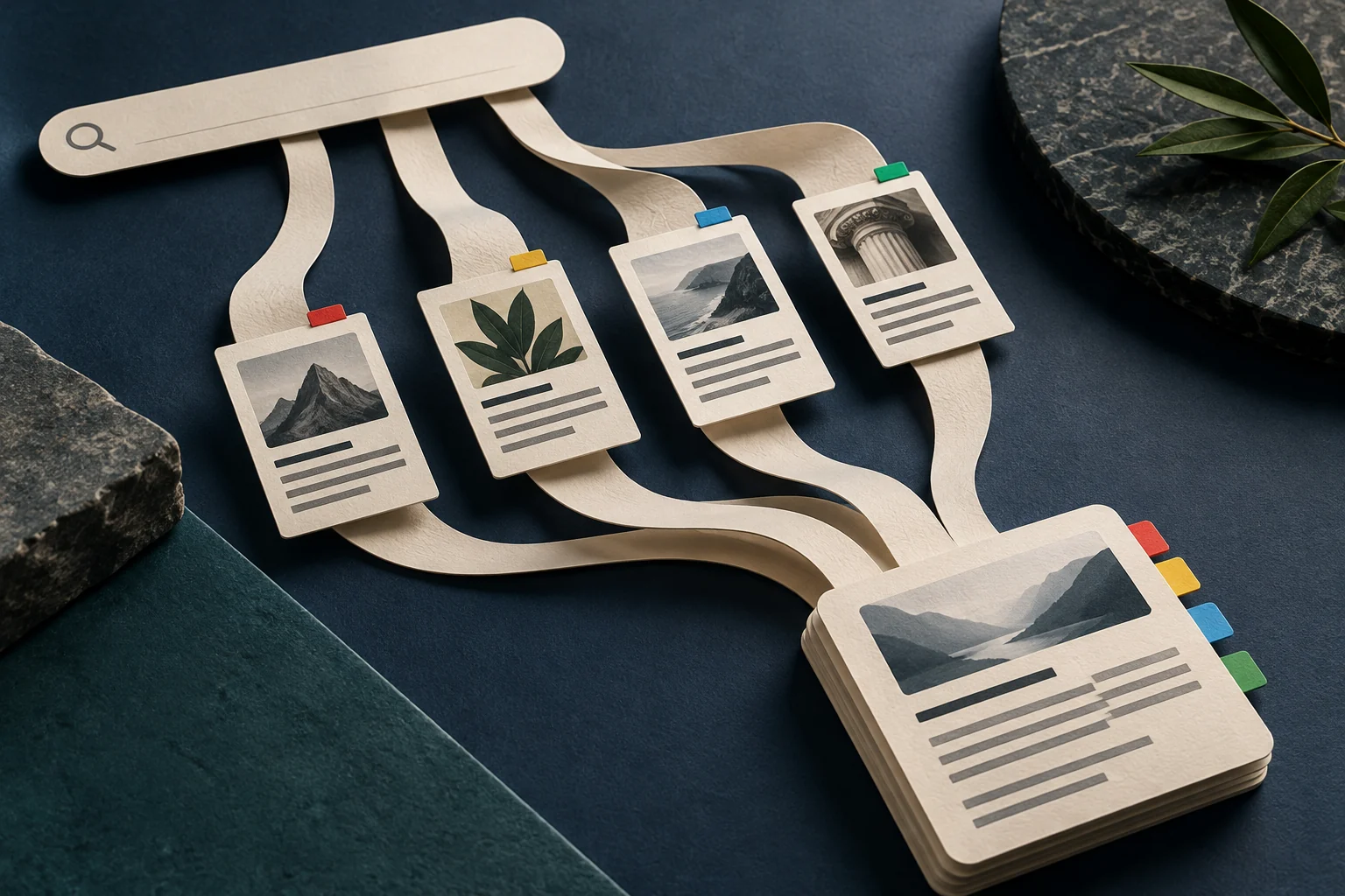 A question connects to several source documents before becoming an answer. Editorial illustration.