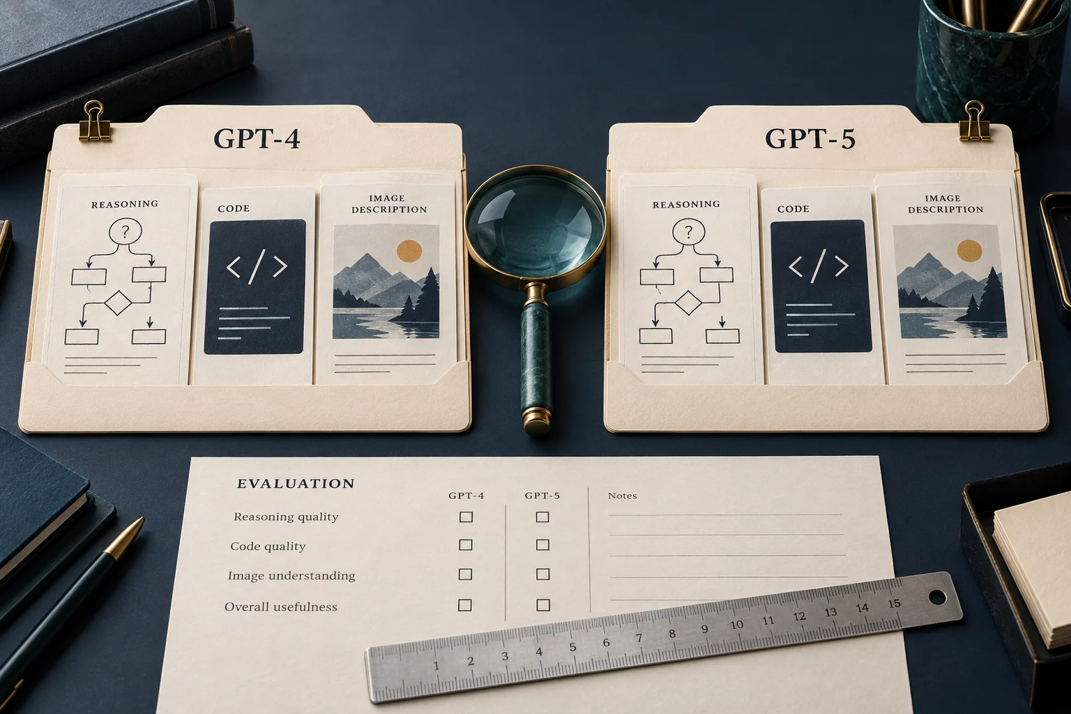 GPT-4 and GPT-5 work samples are evaluated against the same practical checklist.