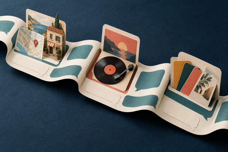 Travel, music, and design tools become interactive cards within a single conversation.