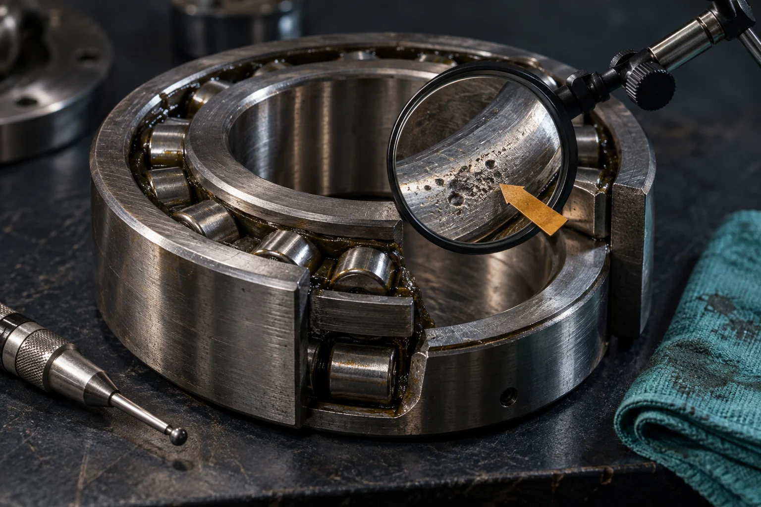A bearing inspection reveals a small area of wear before the machinery fails.