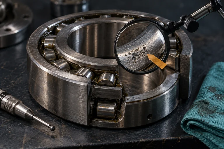 A bearing inspection reveals a small area of wear before the machinery fails.