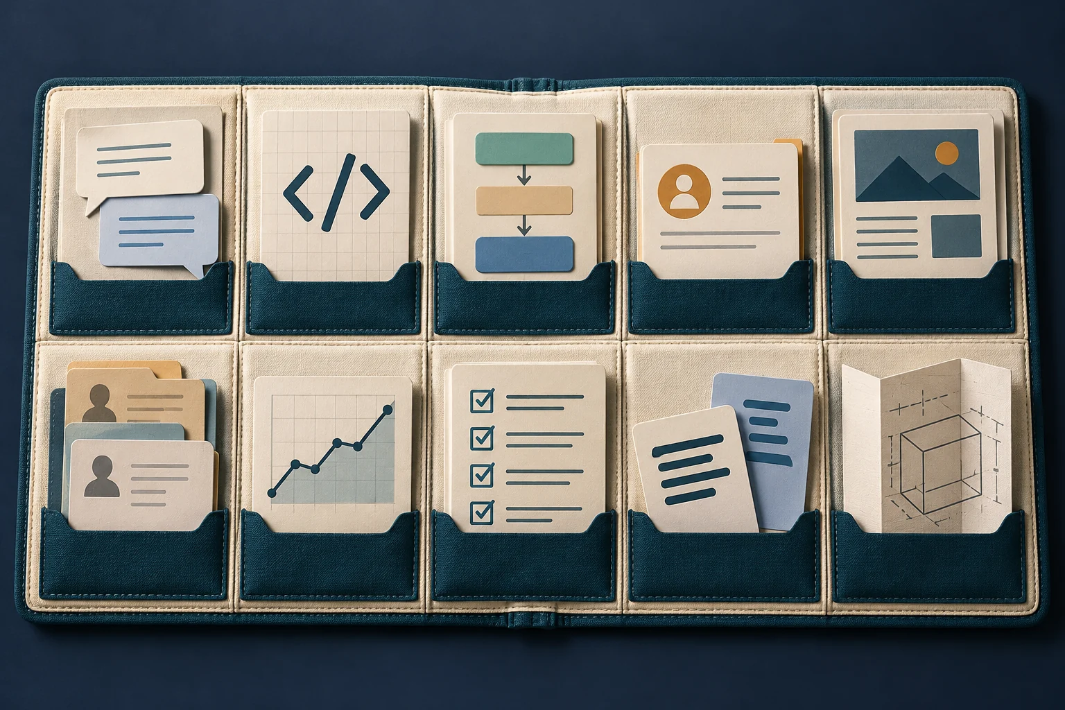 Ten practical work cards organize support, development, operations, sales, marketing, hiring, analysis, risk, translation, and product planning.