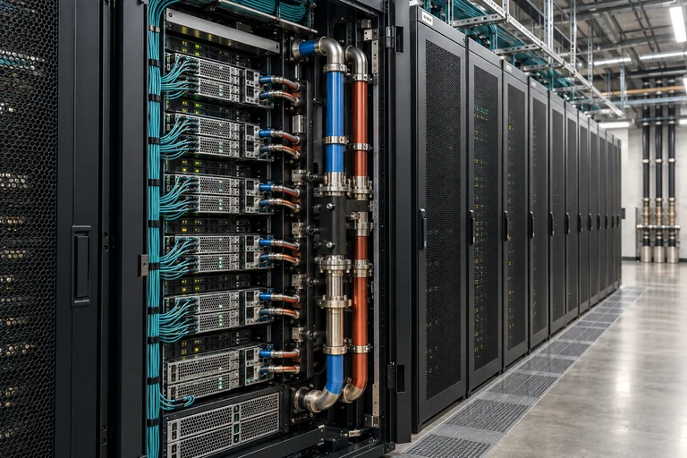 An open computing rack reveals dense accelerator servers, cooling pipes, and organized network connections.