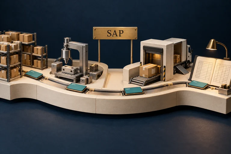 One sales order connects inventory, production, shipping, and accounting in an integrated business system.