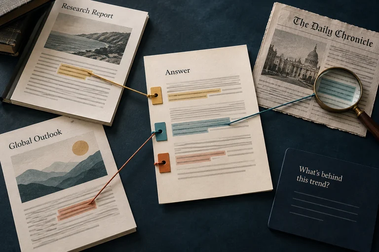 A research answer is connected to the source documents supporting its claims.