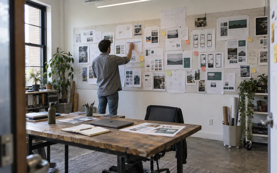 A designer pinning interface layouts to a studio project wall.
