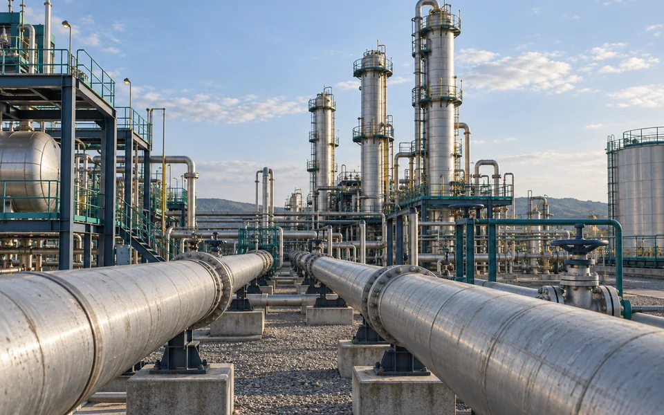 Steel pipelines and processing towers at an oil and gas facility.