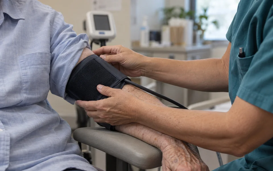 A nurse fitting a blood-pressure cuff on a patient's arm in a clinic.